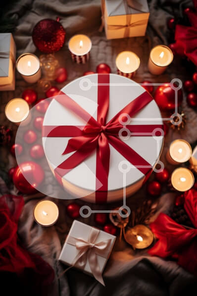 Intra Συλλεκτικό Ξύλινο Παζλ Plywood  4mm - Κόκκινο και λευκό κουτί δώρου με στολίδια και κεριά Σε Ξύλινο Κουτί - Διαστάσεις: 10x10 cm – 25 κομμάτια