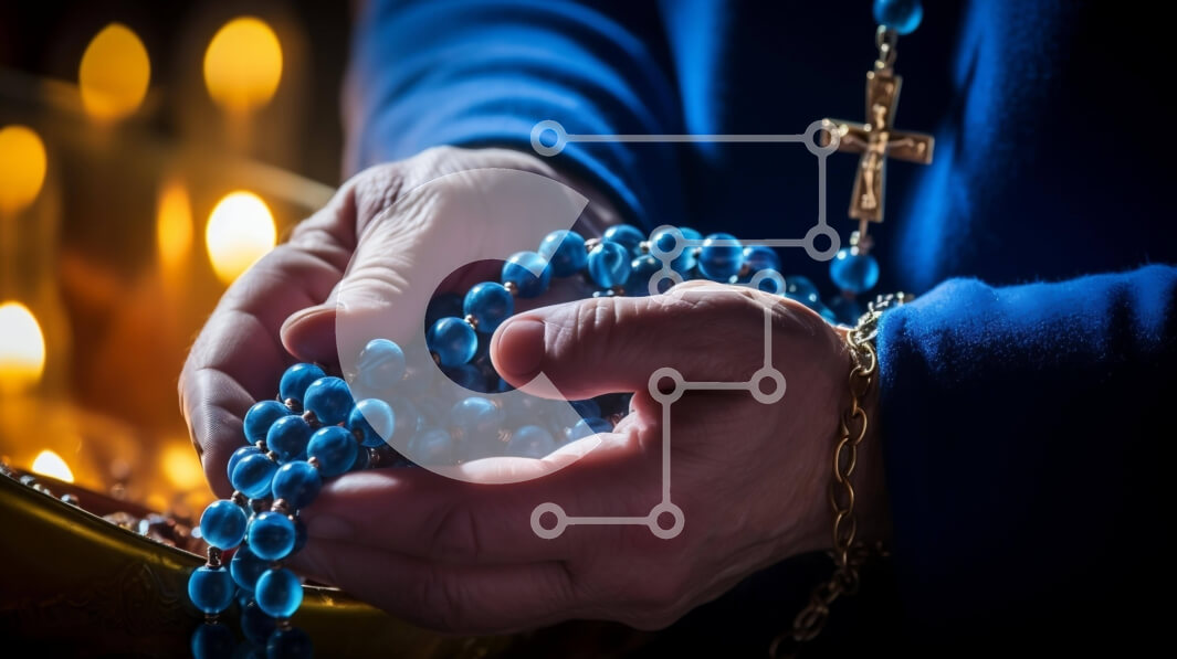 Intra Συλλεκτικό Ξύλινο Παζλ Plywood  4mm - Χέρια που κρατούν μπλε χάντρες κομπολόι και κεριά Σε Ξύλινο Κουτί - Διαστάσεις Puzzle: 10x10 cm – 25 κομμάτια