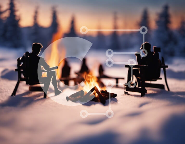 Intra Συλλεκτικό Ξύλινο Παζλ Plywood  4mm - Ειδώλια δίπλα στη φωτιά στο χιόνι Σε Ξύλινο Κουτί - Διαστάσεις Puzzle: 10x10 cm – 25 κομμάτια