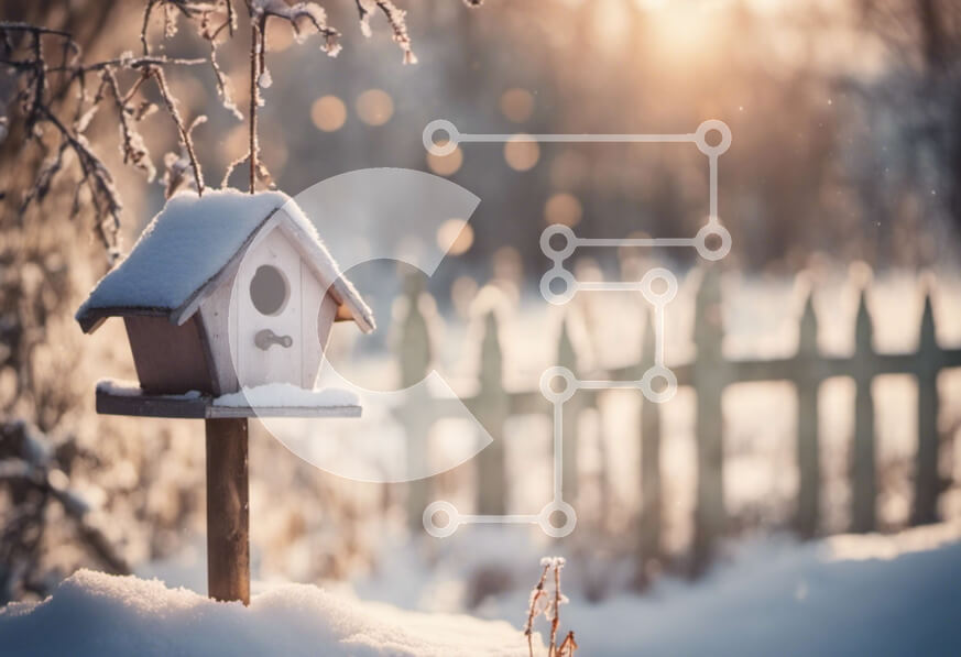 Intra Συλλεκτικό Ξύλινο Παζλ Plywood  4mm - Χιονισμένο σπίτι πουλιών σε έναν φράκτη Σε Ξύλινο Κουτί - Διαστάσεις: 10x10 cm – 25 κομμάτια