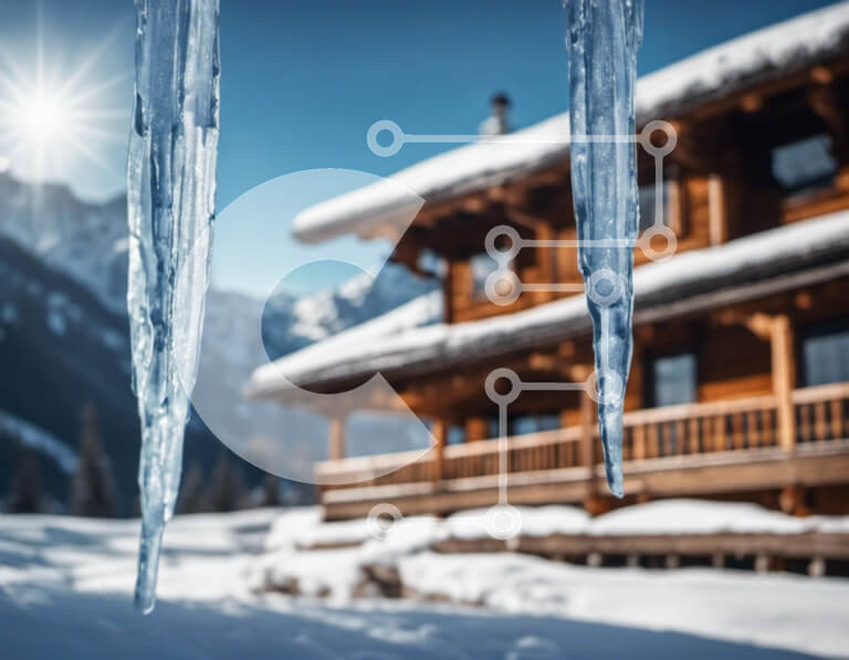 Intra Συλλεκτικό Ξύλινο Παζλ Plywood  4mm - Δύο παγάκια που κρέμονται από το ξύλινο σπίτι στο χιονισμένο τοπίο Σε Ξύλινο Κουτί - Διαστάσεις: 10x10 cm – 25 κομμάτια