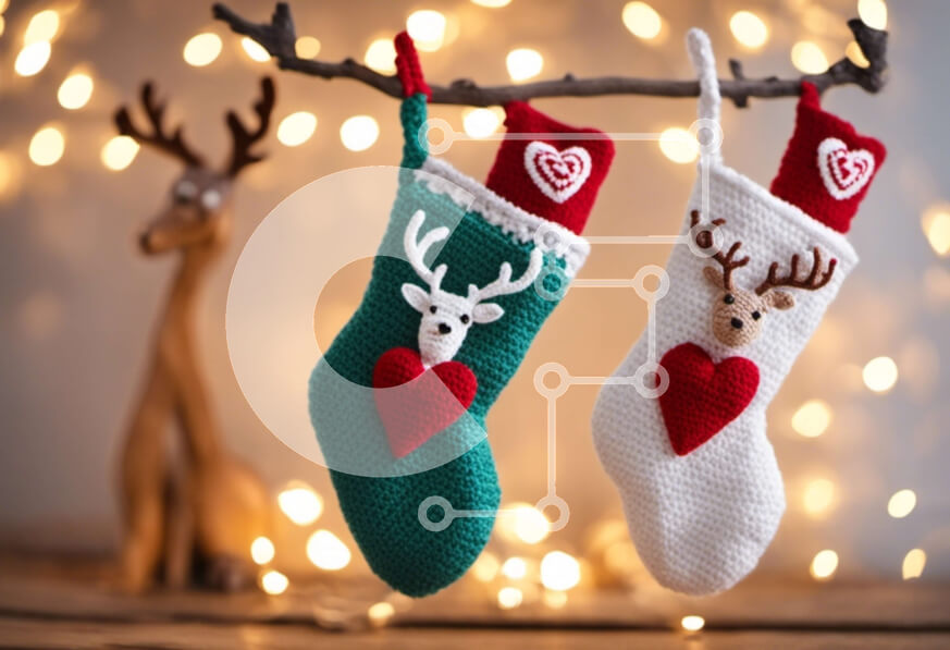 Intra Συλλεκτικό Ξύλινο Παζλ Plywood  4mm - Πλεκτές κάλτσες κρεμασμένες σε κλαδί με κεφάλια ελαφιού και καρδιές Σε Ξύλινο Κουτί - Διαστάσεις: 10x10 cm – 25 κομμάτια