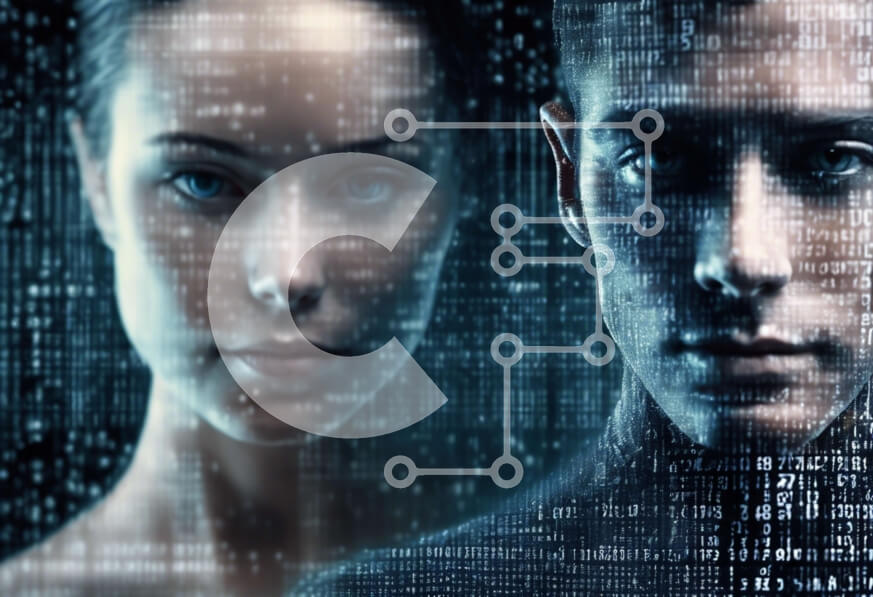 Intra Συλλεκτικό Ξύλινο Παζλ Plywood  4mm - Άνδρας και γυναίκα αντιμέτωποι με το αφηρημένο ψηφιακό φόντο Σε Ξύλινο Κουτί - Διαστάσεις Puzzle: 10x10 cm – 25 κομμάτια