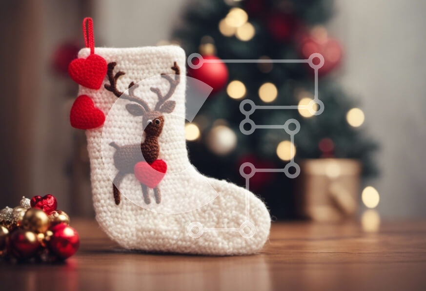 Intra Συλλεκτικό Ξύλινο Παζλ Plywood  4mm - Πλεκτή κάλτσα τάρανδος και στολισμός χριστουγεννιάτικου δέντρου Σε Ξύλινο Κουτί - Διαστάσεις: 10x10 cm – 25 κομμάτια