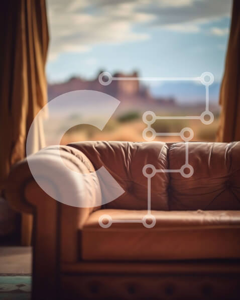 Intra Συλλεκτικό Ξύλινο Παζλ Plywood  4mm - Άνετος καφές δερμάτινος καναπές με εκπληκτική θέα στην έρημο Σε Ξύλινο Κουτί - Διαστάσεις Puzzle: 10x10 cm – 25 κομμάτια