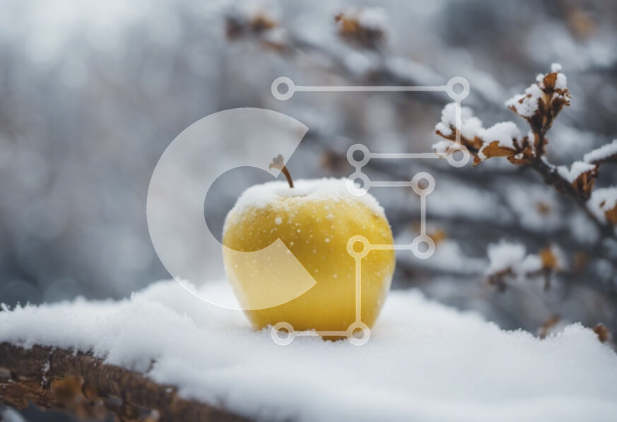 Intra Συλλεκτικό Ξύλινο Παζλ Plywood  4mm - Χιονισμένο κίτρινο μήλο σε κλαδί μηλιάς Σε Ξύλινο Κουτί - Διαστάσεις: 10x10 cm – 25 κομμάτια