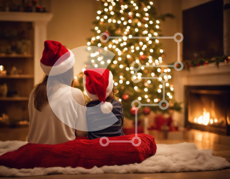 Intra Συλλεκτικό Ξύλινο Παζλ Plywood  4mm - Γυναίκα και παιδί με καπέλα Άγιου Βασίλη από το χριστουγεννιάτικο δέντρο Σε Ξύλινο Κουτί - Διαστάσεις: 10x10 cm – 25 κομμάτια