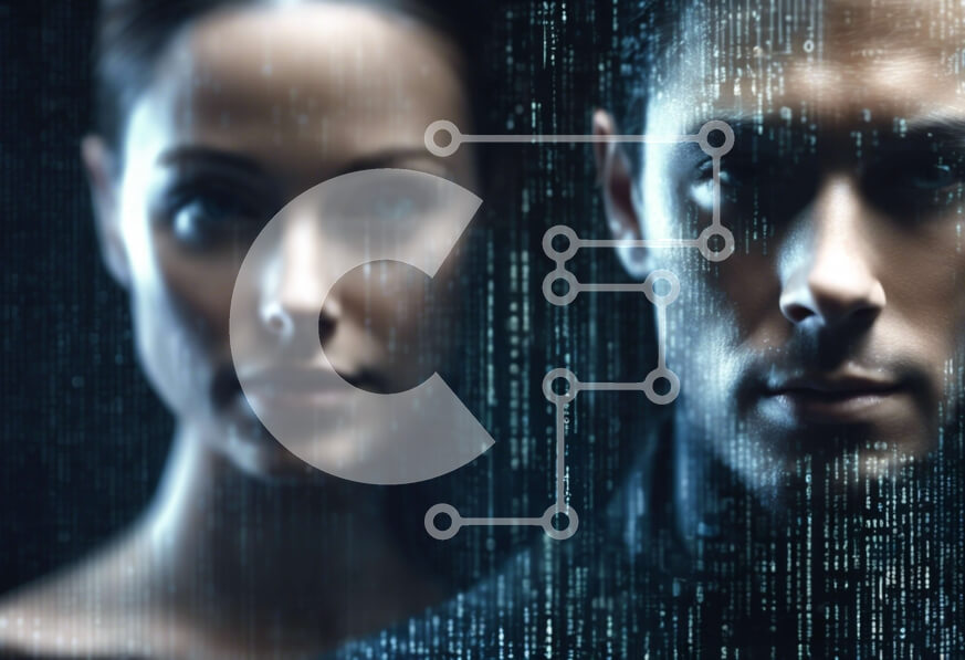 Intra Συλλεκτικό Ξύλινο Παζλ Plywood  4mm - Άνδρας και γυναίκα που στέκονται μαζί με φόντο δυαδικού κώδικα Σε Ξύλινο Κουτί - Διαστάσεις Puzzle: 10x10 cm – 25 κομμάτια