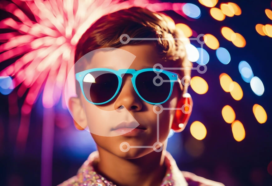 Intra Συλλεκτικό Ξύλινο Παζλ Plywood  4mm - Νεαρό αγόρι που φοράει γυαλιά ηλίου μπροστά από τα πυροτεχνήματα Σε Ξύλινο Κουτί - Διαστάσεις Puzzle: 10x10 cm – 25 κομμάτια