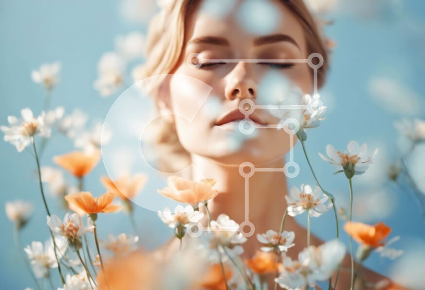 Intra Συλλεκτικό Ξύλινο Παζλ Plywood  4mm - Όμορφη γυναίκα που περιβάλλεται από λευκά και πορτοκαλί λουλούδια Σε Ξύλινο Κουτί - Διαστάσεις Puzzle: 10x10 cm – 25 κομμάτια