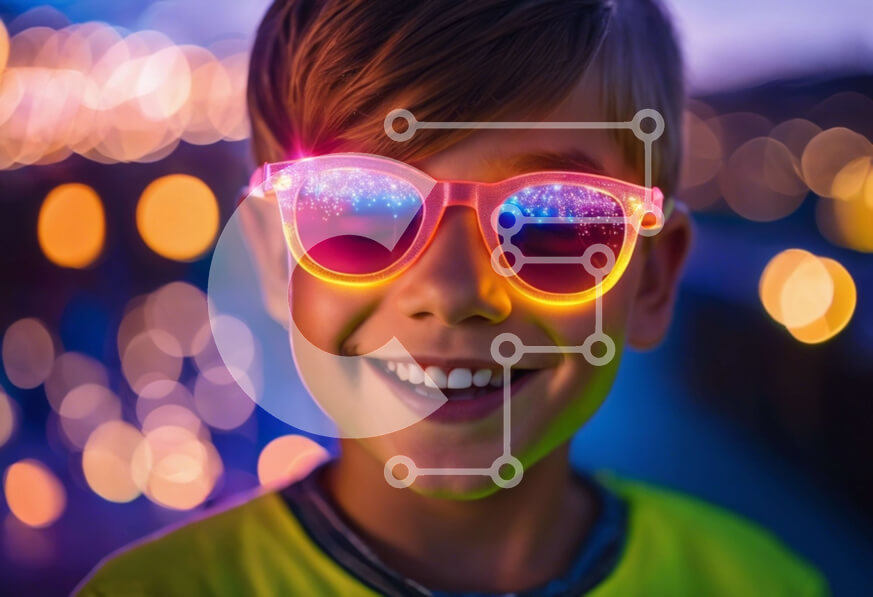 Intra Συλλεκτικό Ξύλινο Παζλ Plywood  4mm - Χαμογελώντας νεαρό αγόρι που φοράει έντονα χρωματιστά γυαλιά ηλίου Σε Ξύλινο Κουτί - Διαστάσεις Puzzle: 10x10 cm – 25 κομμάτια