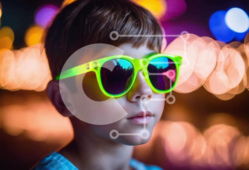 Intra Συλλεκτικό Ξύλινο Παζλ Plywood  4mm - Νεαρό αγόρι με γυαλιά ηλίου νέον μπροστά από το φωτισμένο αστικό τοπίο Σε Ξύλινο Κουτί - Διαστάσεις Puzzle: 10x10 cm – 25 κομμάτια