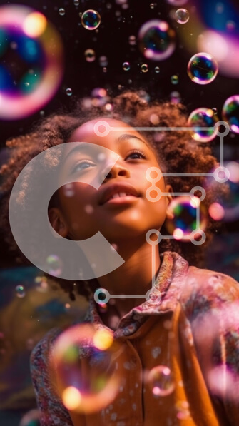 Intra Συλλεκτικό Ξύλινο Παζλ Plywood  4mm - Περίεργο νεαρό κορίτσι μπροστά από τον ονειρικό τοίχο με φυσαλίδες Σε Ξύλινο Κουτί - Διαστάσεις Puzzle: 10x10 cm – 25 κομμάτια