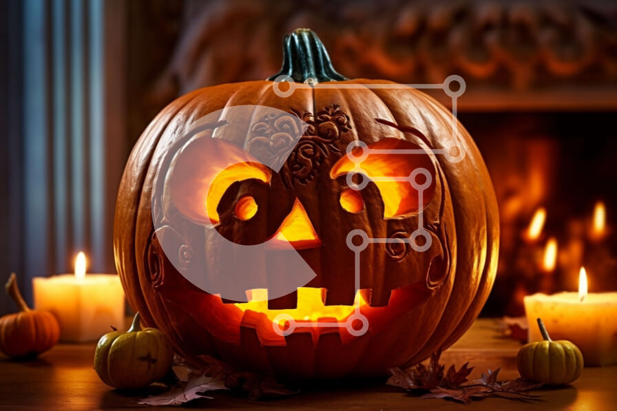 Intra Συλλεκτικό Ξύλινο Παζλ Plywood  4mm - Τρομακτικό ντεκόρ αποκριών: σκαλιστή κολοκύθα με φανάρι στο τραπέζι μπροστά από το τζάκι Σε Ξύλινο Κουτί - Διαστάσεις: 10x10 cm – 25 κομμάτια