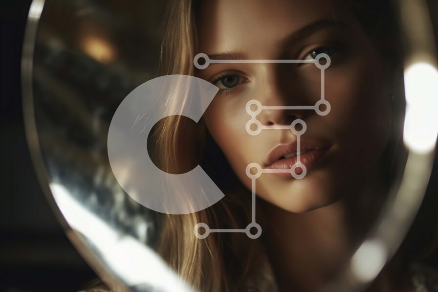 Intra Συλλεκτικό Ξύλινο Παζλ Plywood  4mm - Γαλήνια νεαρή γυναίκα που θαυμάζει τον εαυτό της σε έναν παραμορφωμένο καθρέφτη Σε Ξύλινο Κουτί - Διαστάσεις Puzzle: 10x10 cm – 25 κομμάτια