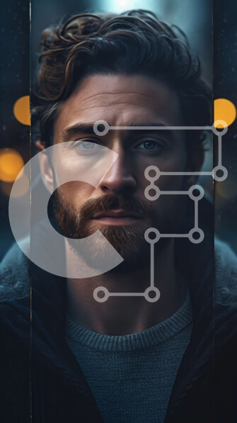 Intra Συλλεκτικό Ξύλινο Παζλ Plywood  4mm - Σοβαρός άνδρας με γένια και μαύρο σακάκι που στέκεται μπροστά από σκοτεινό φόντο Σε Ξύλινο Κουτί - Διαστάσεις Puzzle: 10x10 cm – 25 κομμάτια