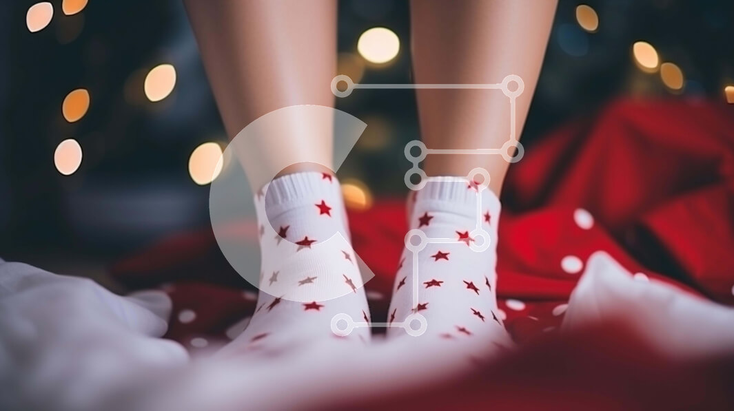 Intra Συλλεκτικό Ξύλινο Παζλ Plywood  4mm - Εορταστική περίοδος - Γυναικεία πόδια με λευκές κάλτσες και κόκκινα αστέρια Σε Ξύλινο Κουτί - Διαστάσεις: 10x10 cm – 25 κομμάτια