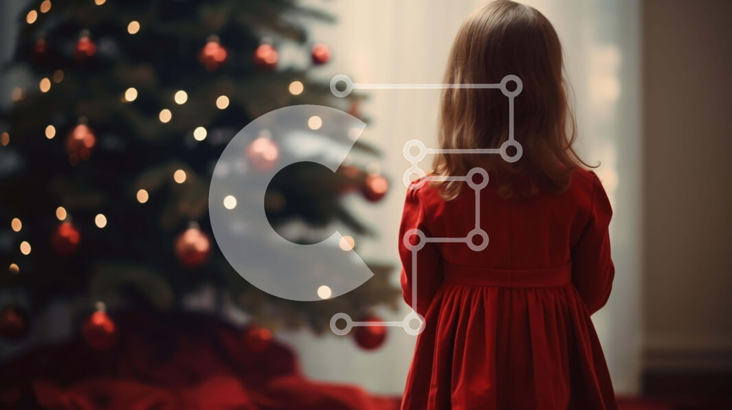 Intra Συλλεκτικό Ξύλινο Παζλ Plywood  4mm - Νεαρό κορίτσι μπροστά από το διακοσμημένο χριστουγεννιάτικο δέντρο Σε Ξύλινο Κουτί - Διαστάσεις: 10x10 cm – 25 κομμάτια