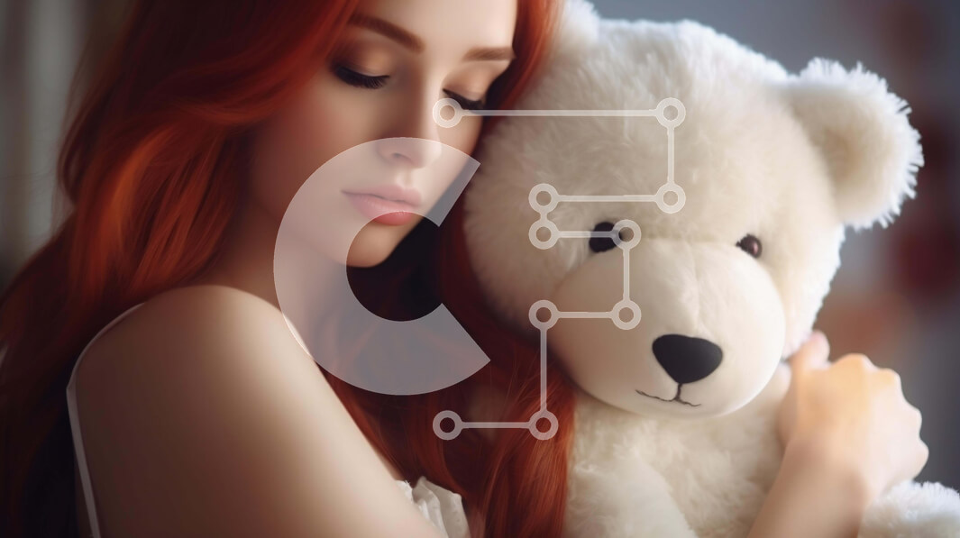 Intra Συλλεκτικό Ξύλινο Παζλ Plywood  4mm - Νεαρή γυναίκα με κόκκινα μαλλιά που αγκαλιάζει ένα λευκό αρκουδάκι Σε Ξύλινο Κουτί - Διαστάσεις Puzzle: 10x10 cm – 25 κομμάτια