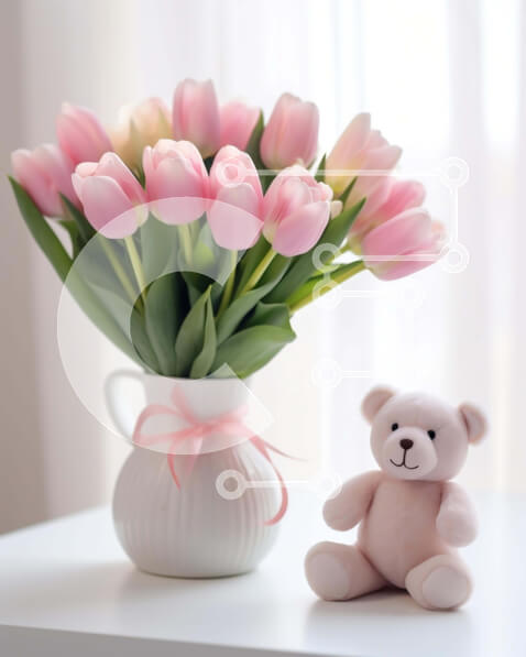 Intra Συλλεκτικό Ξύλινο Παζλ Plywood  4mm - Λευκό βάζο με ροζ τουλίπες και αρκουδάκι Σε Ξύλινο Κουτί - Διαστάσεις Puzzle: 10x10 cm – 25 κομμάτια