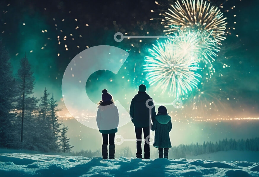 Intra Συλλεκτικό Ξύλινο Παζλ Plywood  4mm - Οικογένεια που παρακολουθεί τα πυροτεχνήματα της παραμονής της Πρωτοχρονιάς στο χιόνι Σε Ξύλινο Κουτί - Διαστάσεις: 10x10 cm – 25 κομμάτια