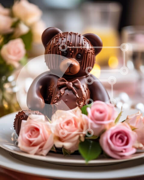 Σετ των 2 Intra Συλλεκτικό Ξύλινο Παζλ Plywood  4mm - Σοκολατένιο αρκουδάκι σε διακοσμημένο πιάτο με ροζ τριαντάφυλλα Σε Ξύλινο Κουτί - Διαστάσεις: 10x10 cm – 25 κομμάτια