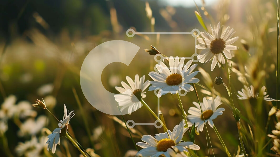 Intra Συλλεκτικό Ξύλινο Παζλ Plywood  4mm - Πεδίο με λευκές μαργαρίτες με ψηλό γρασίδι και δέντρα στο ηλιοβασίλεμα Σε Ξύλινο Κουτί - Διαστάσεις: 10x10 cm – 25 κομμάτια