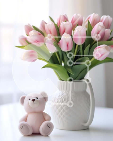 Intra Συλλεκτικό Ξύλινο Παζλ Plywood  4mm - Ροζ τουλίπες σε λευκό βάζο με αρκουδάκι και φλοράλ διακόσμηση Σε Ξύλινο Κουτί - Διαστάσεις Puzzle: 10x10 cm – 25 κομμάτια