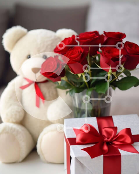 Intra Συλλεκτικό Ξύλινο Παζλ Plywood  4mm - Αρκουδάκι και κόκκινα τριαντάφυλλα με κουτί δώρου Σε Ξύλινο Κουτί - Διαστάσεις Puzzle: 10x10 cm – 25 κομμάτια