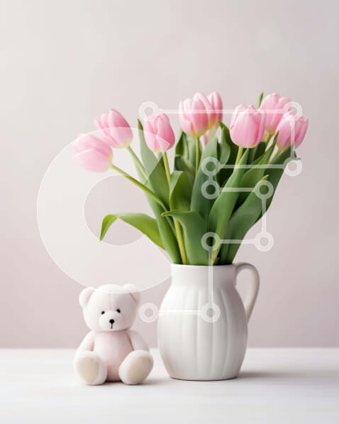 Intra Συλλεκτικό Ξύλινο Παζλ Plywood  4mm - Ροζ τουλίπες σε λευκό βάζο με αρκουδάκι σε ξύλινο τραπέζι Σε Ξύλινο Κουτί - Διαστάσεις Puzzle: 10x10 cm – 25 κομμάτια