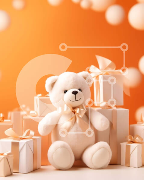 Intra Συλλεκτικό Ξύλινο Παζλ Plywood  4mm - Λευκό αρκουδάκι με κουτιά δώρων και μπαλόνια σε πορτοκαλί φόντο Σε Ξύλινο Κουτί - Διαστάσεις: 10x10 cm – 25 κομμάτια