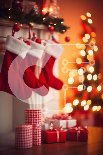 Intra Συλλεκτικό Ξύλινο Παζλ Plywood  4mm - Κόκκινες κάλτσες που κρέμονται από μανδύα τζακιού με δώρα και διακοσμητικά Σε Ξύλινο Κουτί - Διαστάσεις: 10x10 cm – 25 κομμάτια