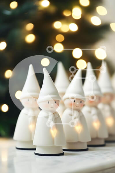 Intra Συλλεκτικό Ξύλινο Παζλ Plywood  4mm - Ομάδα λευκών ειδωλίων Gnome μπροστά από ένα χριστουγεννιάτικο δέντρο Σε Ξύλινο Κουτί - Διαστάσεις: 10x10 cm – 25 κομμάτια