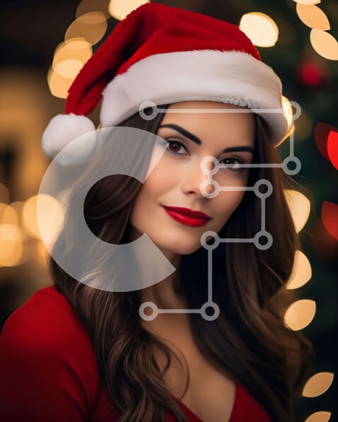 Intra Συλλεκτικό Ξύλινο Παζλ Plywood  4mm - Γυναίκα με καπέλο Άγιου Βασίλη που ποζάρει μπροστά από το χριστουγεννιάτικο δέντρο Σε Ξύλινο Κουτί - Διαστάσεις: 10x10 cm – 25 κομμάτια