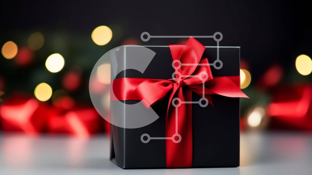 Intra Συλλεκτικό Ξύλινο Παζλ Plywood  4mm - Μαύρο κουτί δώρου με κόκκινες κορδέλες και χριστουγεννιάτικα λαμπάκια Σε Ξύλινο Κουτί - Διαστάσεις: 10x10 cm – 25 κομμάτια