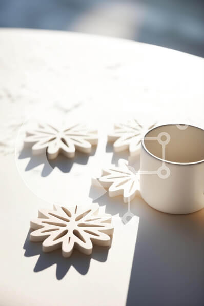 Intra Συλλεκτικό Ξύλινο Παζλ Plywood  4mm - Λευκό Κύπελλο με Διακοσμήσεις νιφάδων χιονιού σε τραπέζι Σε Ξύλινο Κουτί - Διαστάσεις Puzzle: 10x10 cm – 25 κομμάτια