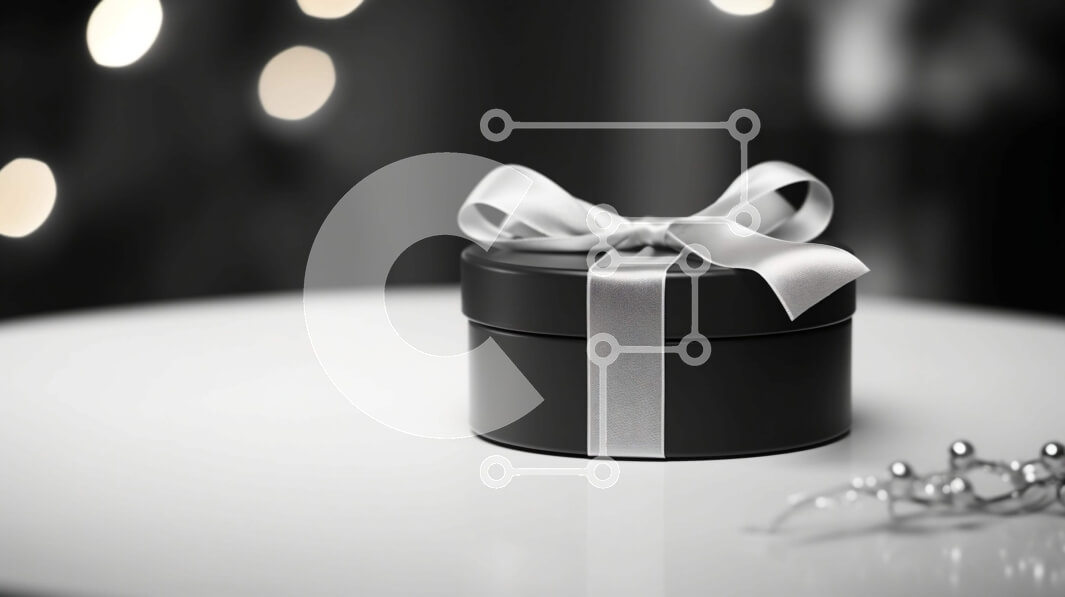 Intra Συλλεκτικό Ξύλινο Παζλ Plywood  4mm - Μαύρο και ασημί κουτί δώρου σε διακοσμητικό τραπέζι με φωτάκια Σε Ξύλινο Κουτί - Διαστάσεις: 10x10 cm – 25 κομμάτια