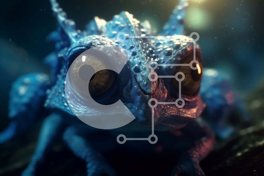 Σετ των 2 Intra Συλλεκτικό Ξύλινο Παζλ Plywood  4mm - Απόκοσμη εικόνα ενός μπλε χαμαιλέοντα με αντανακλαστικά μάτια Σε Ξύλινο Κουτί - Διαστάσεις: 10x10 cm – 25 κομμάτια