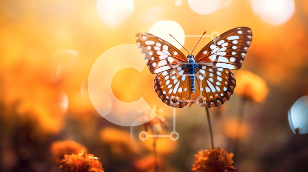 Intra Συλλεκτικό Ξύλινο Παζλ Plywood  4mm - Πεταλούδα στο πορτοκαλί λουλούδι στο ηλιοβασίλεμα Σε Ξύλινο Κουτί - Διαστάσεις: 10x10 cm – 25 κομμάτια