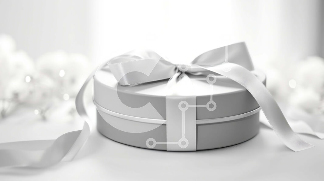 Intra Συλλεκτικό Ξύλινο Παζλ Plywood  4mm - Γκρι κουτί δώρου με λευκή κορδέλα και φιόγκο σε λευκό φόντο Σε Ξύλινο Κουτί - Διαστάσεις Puzzle: 10x10 cm – 25 κομμάτια