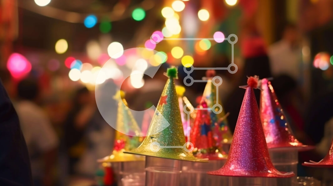 Intra Συλλεκτικό Ξύλινο Παζλ Plywood  4mm - Πολύχρωμα καπέλα και ποτήρια για πάρτι στο τραπέζι Σε Ξύλινο Κουτί - Διαστάσεις Puzzle: 10x10 cm – 25 κομμάτια