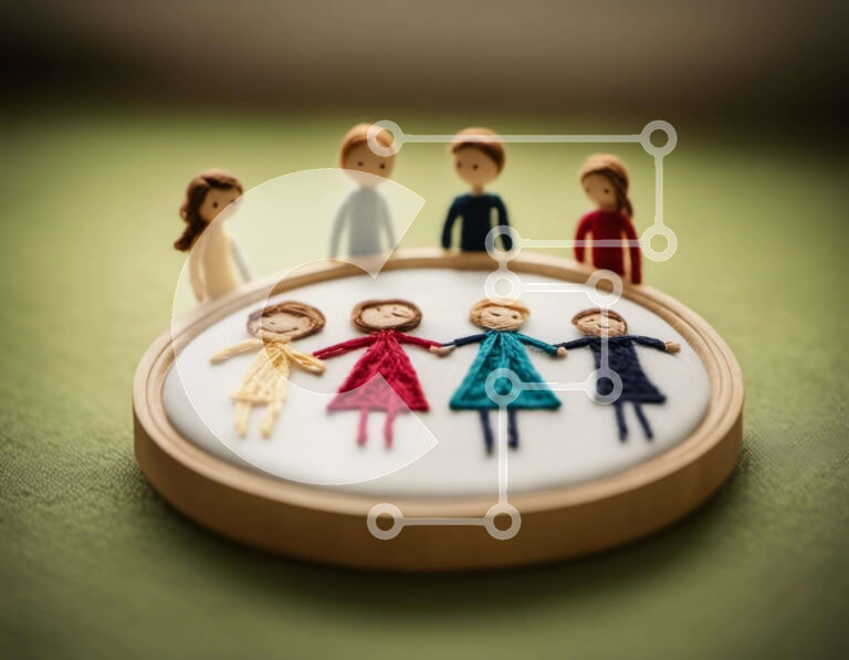 Intra Συλλεκτικό Ξύλινο Παζλ Plywood  4mm - Ομάδα χειροποίητων κεντημένων κούκλων που κρατούν τα χέρια Σε Ξύλινο Κουτί - Διαστάσεις Puzzle: 10x10 cm – 25 κομμάτια