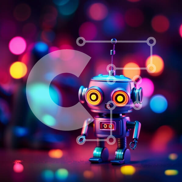 Intra Συλλεκτικό Ξύλινο Παζλ Plywood  4mm - Φουτουριστική εικόνα ενός μικρού ρομπότ που περιβάλλεται από πολύχρωμα φώτα Σε Ξύλινο Κουτί - Διαστάσεις Puzzle: 10x10 cm – 25 κομμάτια