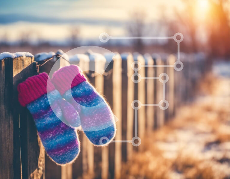 Intra Συλλεκτικό Ξύλινο Παζλ Plywood  4mm - Γάντια που κρέμονται σε έναν ξύλινο φράκτη σε ένα χιονισμένο τοπίο Σε Ξύλινο Κουτί - Διαστάσεις Puzzle: 10x10 cm – 25 κομμάτια