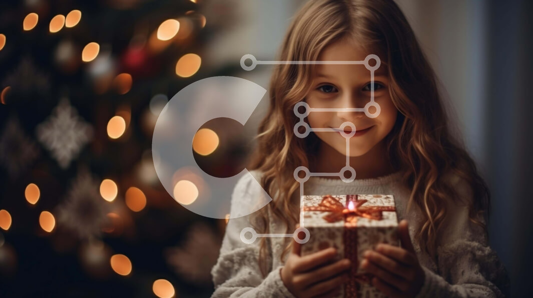 Intra Συλλεκτικό Ξύλινο Παζλ Plywood  4mm - Νεαρό κορίτσι με ανοιχτό κιβώτιο δώρων μπροστά από το χριστουγεννιάτικο δέντρο Σε Ξύλινο Κουτί - Διαστάσεις: 10x10 cm – 25 κομμάτια