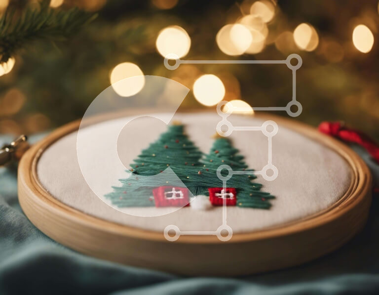 Intra Συλλεκτικό Ξύλινο Παζλ Plywood  4mm - Κέντημα τσέρκι με χριστουγεννιάτικα δέντρα και νιφάδα χιονιού Σε Ξύλινο Κουτί - Διαστάσεις: 10x10 cm – 25 κομμάτια