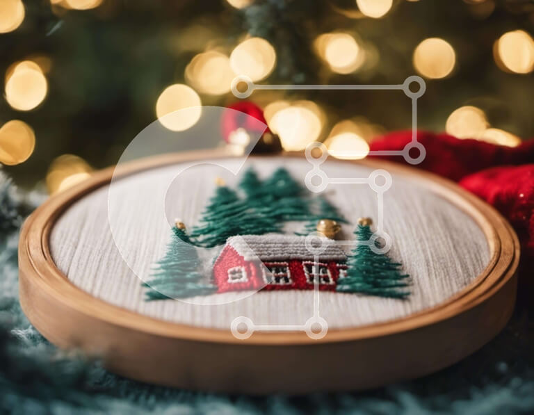 Intra Συλλεκτικό Ξύλινο Παζλ Plywood  4mm - Cozy Holiday Decor: Κέντημα τσέρκι με ξύλινο σπίτι και νιφάδες χιονιού Σε Ξύλινο Κουτί - Διαστάσεις Puzzle: 10x10 cm – 25 κομμάτια