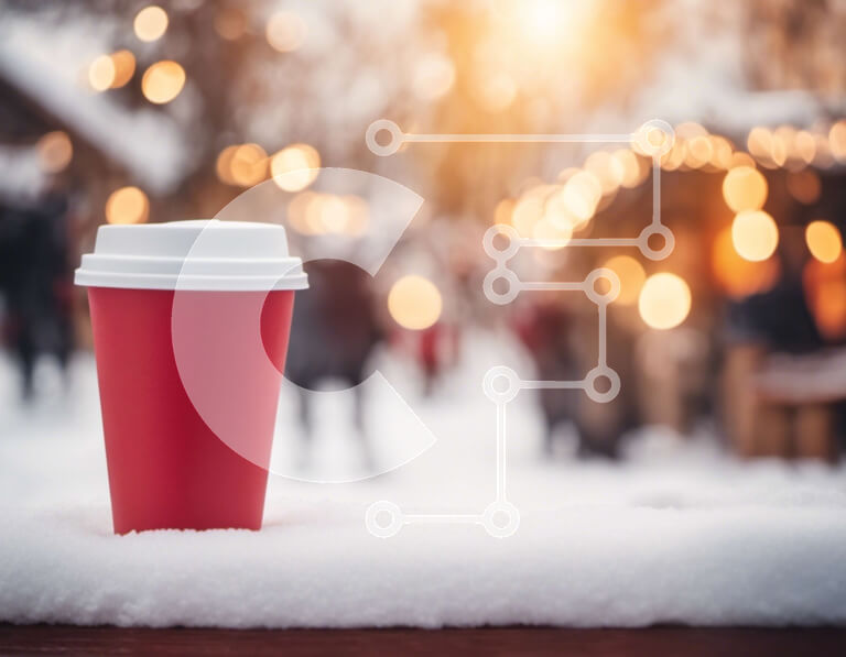 Intra Συλλεκτικό Ξύλινο Παζλ Plywood  4mm - Κόκκινο φλιτζάνι καφέ στο χιόνι με ανθρώπους να περπατούν τριγύρω Σε Ξύλινο Κουτί - Διαστάσεις Puzzle: 10x10 cm – 25 κομμάτια