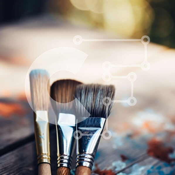 Intra Συλλεκτικό Ξύλινο Παζλ Plywood  4mm - Διάφορα πινέλα βαφής σε ξύλινη επιφάνεια Σε Ξύλινο Κουτί - Διαστάσεις Puzzle: 10x10 cm – 25 κομμάτια