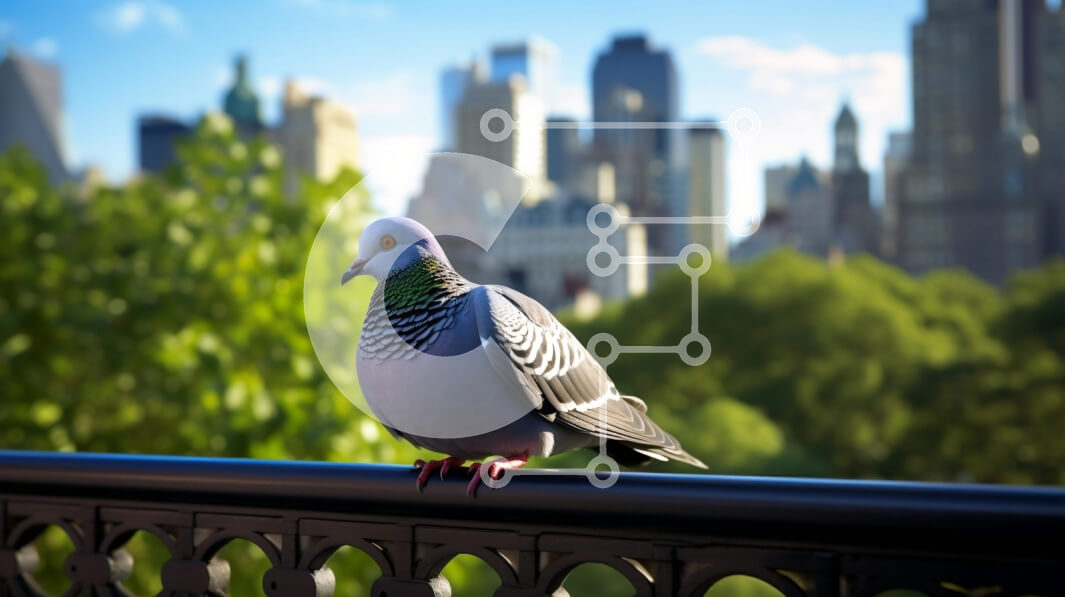 Intra Συλλεκτικό Ξύλινο Παζλ Plywood  4mm - Περιστέρι σε σιδερένιο φράχτη με φόντο στον ορίζοντα της πόλης Σε Ξύλινο Κουτί - Διαστάσεις: 10x10 cm – 25 κομμάτια